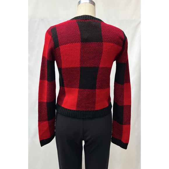 OhMG! Red Black Buffalo Check Plaid Knit Pullover Long Sleeve Sweater - Picture 5 of 15